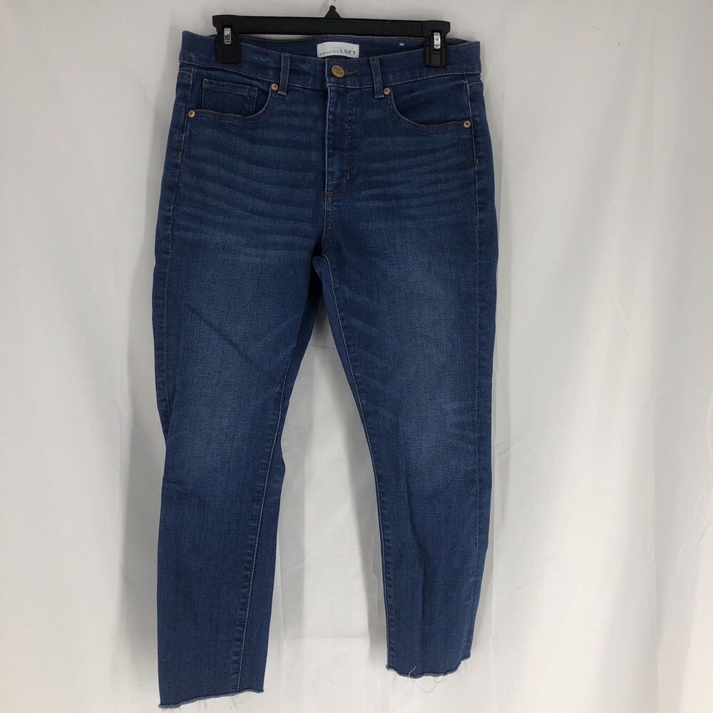 LOFT The Skinny High Rise Raw Hem Jeans Blue Stretch Sz 8